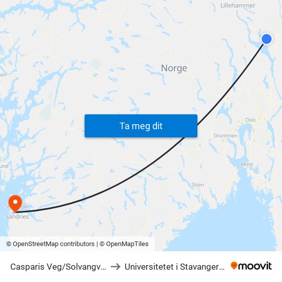 Casparis Veg/Solvangvegen to Universitetet i Stavanger (UiS) map