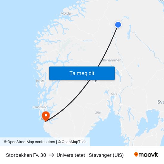 Storbekken Fv. 30 to Universitetet i Stavanger (UiS) map