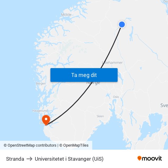 Stranda to Universitetet i Stavanger (UiS) map