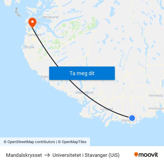 Mandalskrysset to Universitetet i Stavanger (UiS) map
