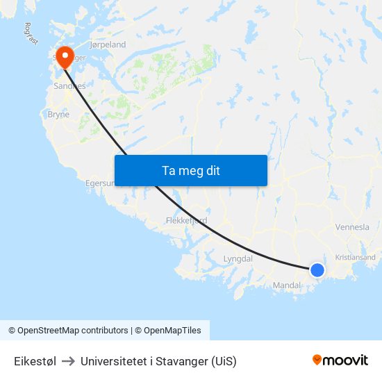 Eikestøl to Universitetet i Stavanger (UiS) map