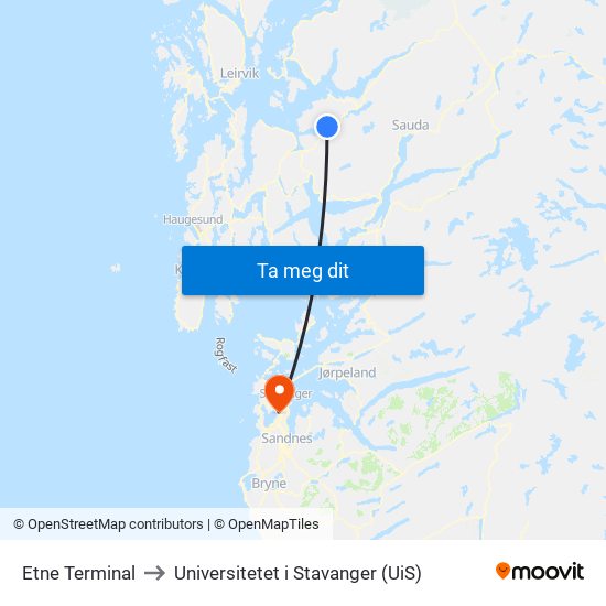 Etne Terminal to Universitetet i Stavanger (UiS) map