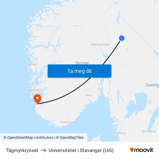 Tågmyrkrysset to Universitetet i Stavanger (UiS) map