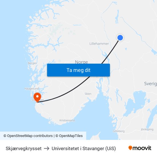 Skjærvegkrysset to Universitetet i Stavanger (UiS) map