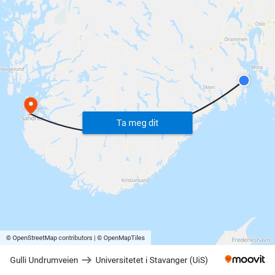 Gulli Undrumveien to Universitetet i Stavanger (UiS) map