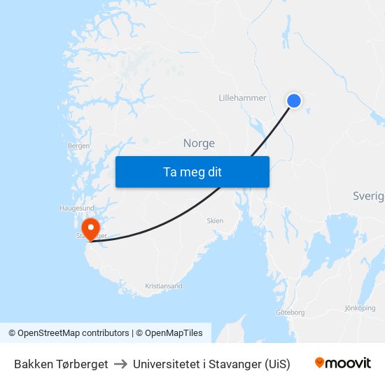 Bakken Tørberget to Universitetet i Stavanger (UiS) map