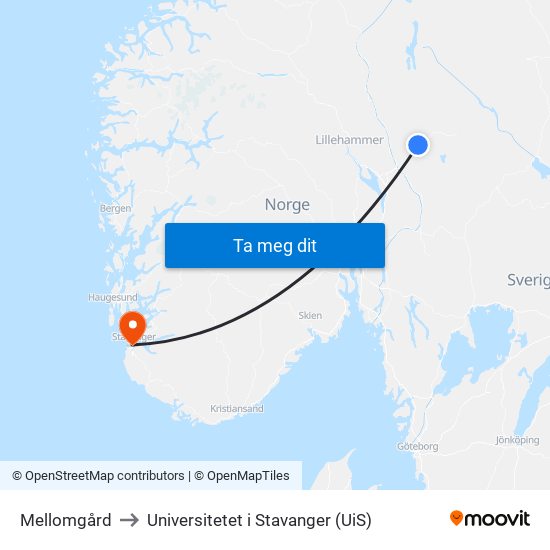 Mellomgård to Universitetet i Stavanger (UiS) map