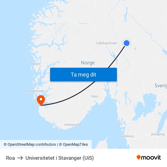 Roa to Universitetet i Stavanger (UiS) map