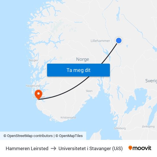 Hammeren Leirsted to Universitetet i Stavanger (UiS) map