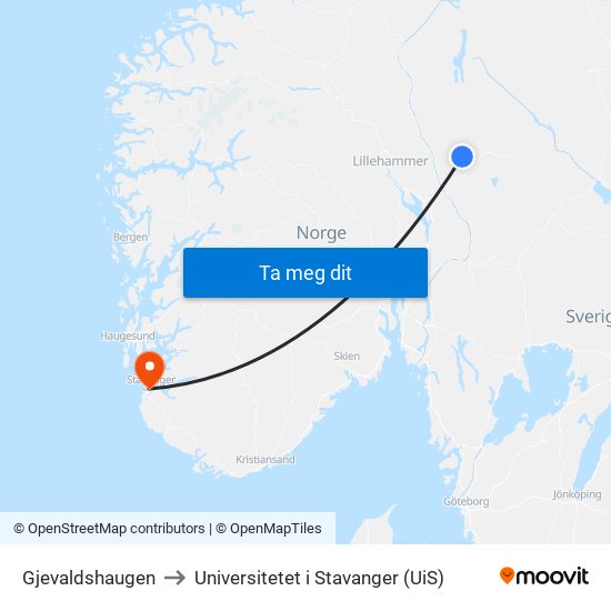 Gjevaldshaugen to Universitetet i Stavanger (UiS) map