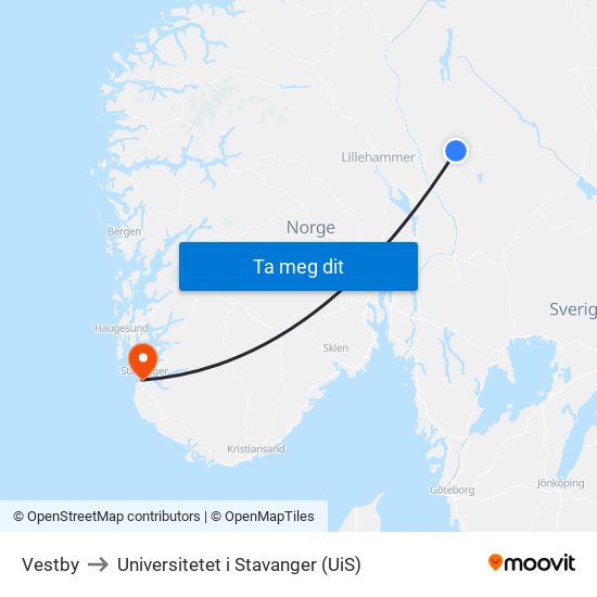 Vestby to Universitetet i Stavanger (UiS) map