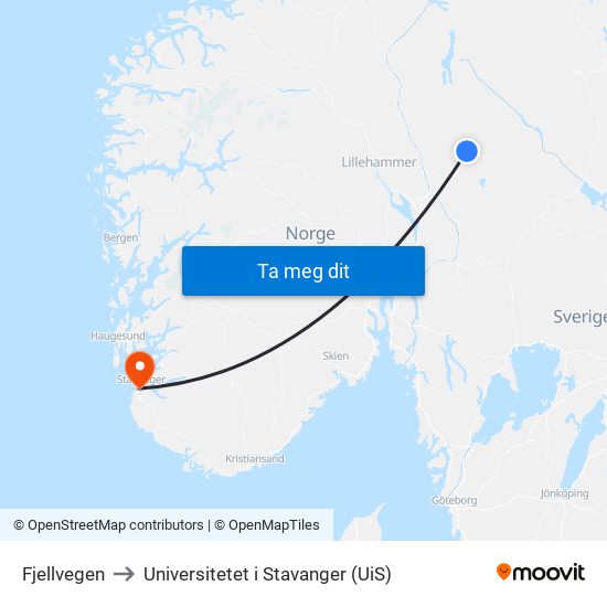 Fjellvegen to Universitetet i Stavanger (UiS) map