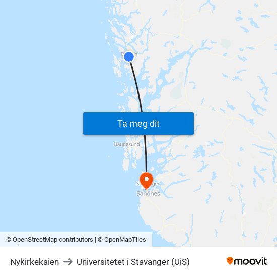 Nykirkekaien to Universitetet i Stavanger (UiS) map