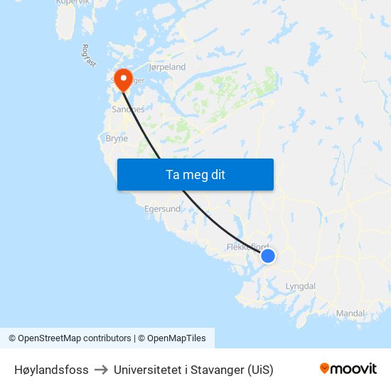 Høylandsfoss to Universitetet i Stavanger (UiS) map