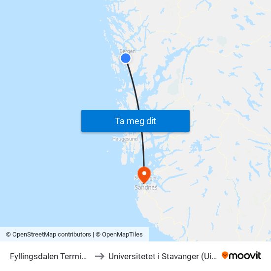 Fyllingsdalen Terminal to Universitetet i Stavanger (UiS) map