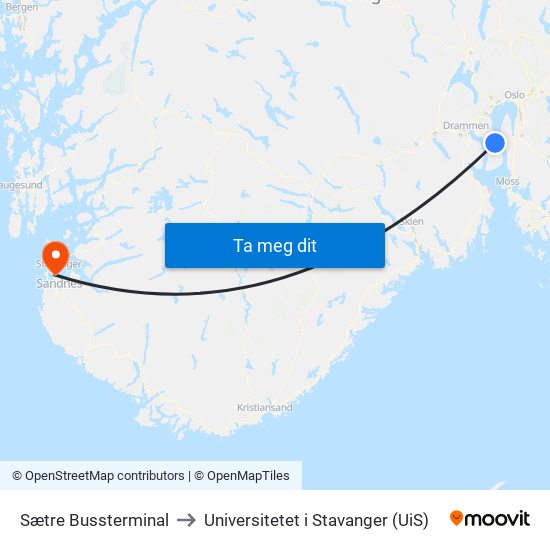 Sætre Bussterminal to Universitetet i Stavanger (UiS) map