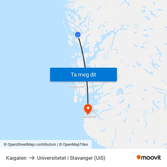 Kaigaten to Universitetet i Stavanger (UiS) map