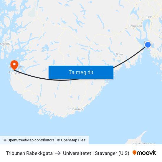 Tribunen Rabekkgata to Universitetet i Stavanger (UiS) map