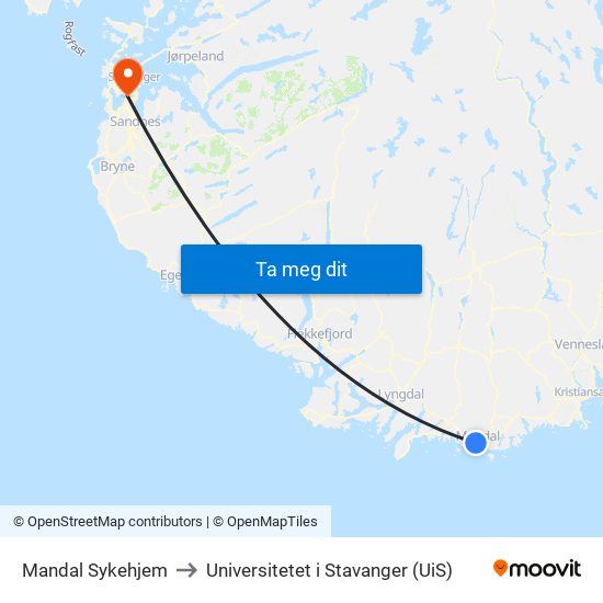 Mandal Sykehjem to Universitetet i Stavanger (UiS) map
