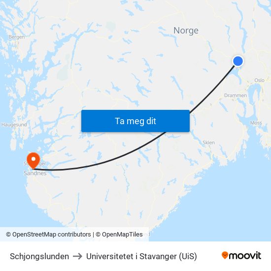 Schjongslunden to Universitetet i Stavanger (UiS) map