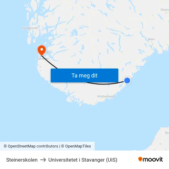 Steinerskolen to Universitetet i Stavanger (UiS) map