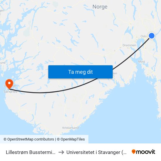 Lillestrøm Bussterminal to Universitetet i Stavanger (UiS) map