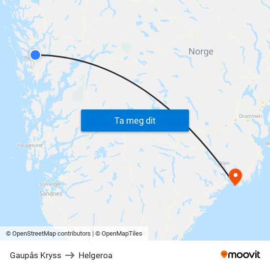 Gaupås Kryss to Helgeroa map