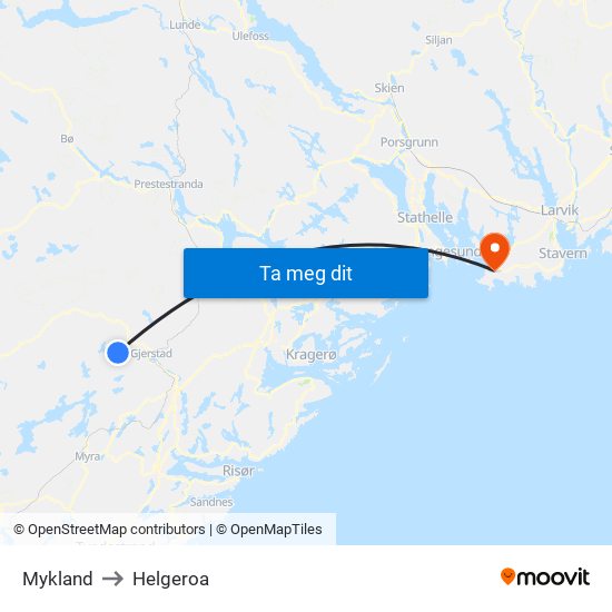 Mykland to Helgeroa map