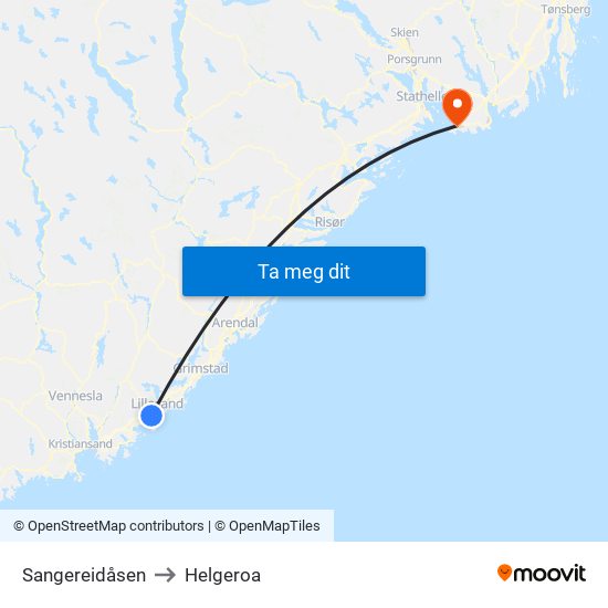 Sangereidåsen to Helgeroa map