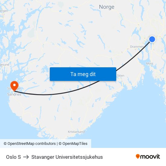 Oslo S to Stavanger Universitetssjukehus map
