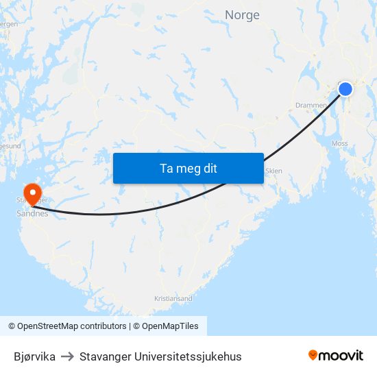 Bjørvika to Stavanger Universitetssjukehus map