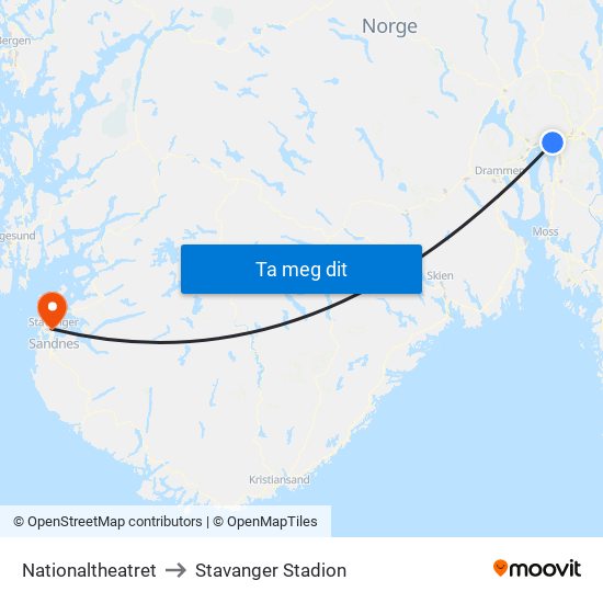 Nationaltheatret to Stavanger Stadion map