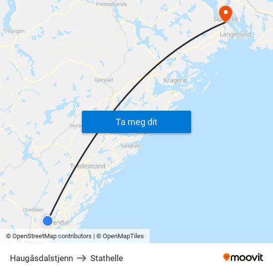 Haugåsdalstjenn to Stathelle map