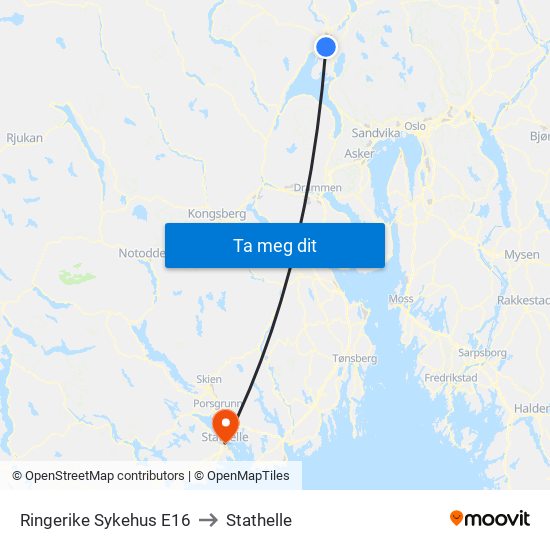 Ringerike Sykehus E16 to Stathelle map