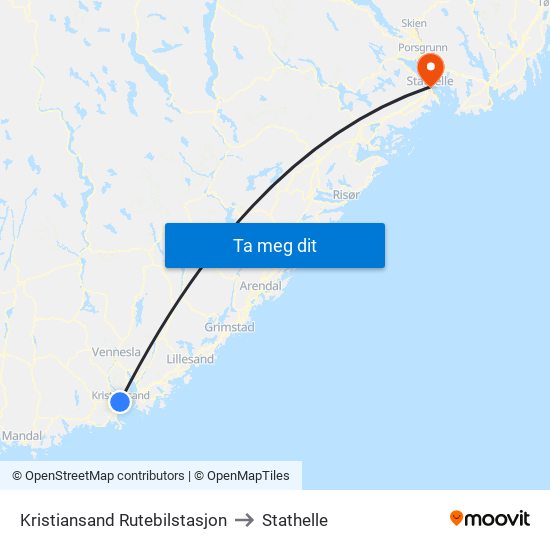 Kristiansand Rutebilstasjon to Stathelle map