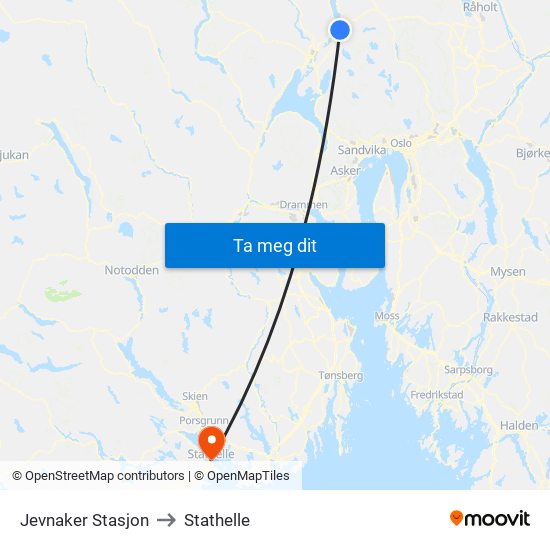 Jevnaker Stasjon to Stathelle map