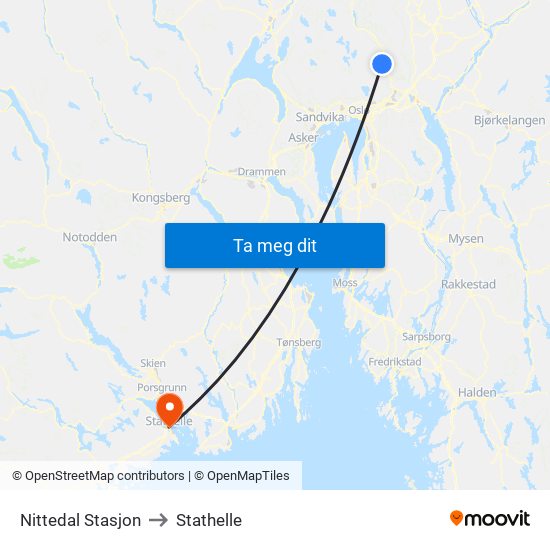 Nittedal Stasjon to Stathelle map