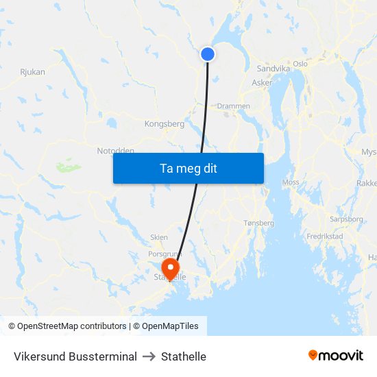 Vikersund Bussterminal to Stathelle map