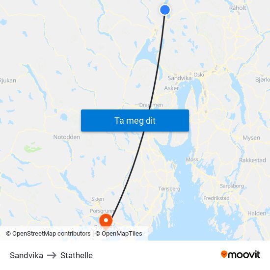 Sandvika to Stathelle map