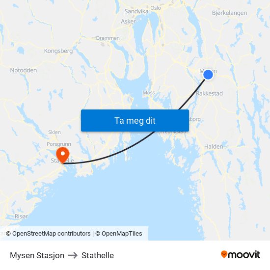 Mysen Stasjon to Stathelle map