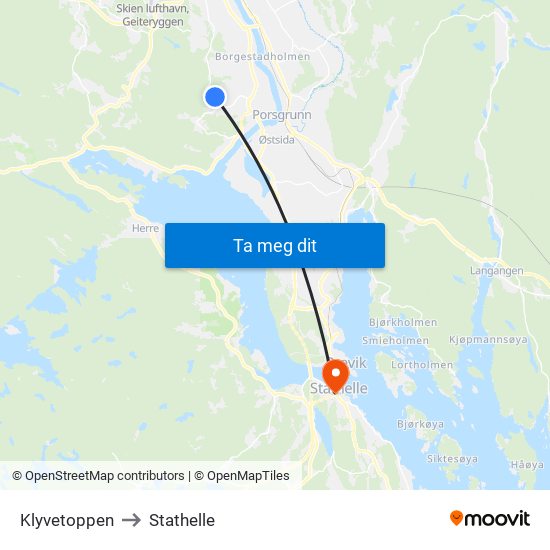 Klyvetoppen to Stathelle map