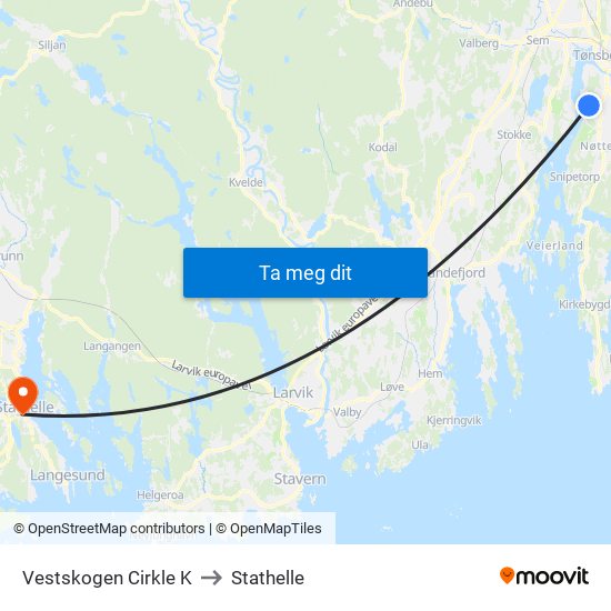 Vestskogen Cirkle K to Stathelle map