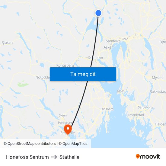 Hønefoss Sentrum to Stathelle map