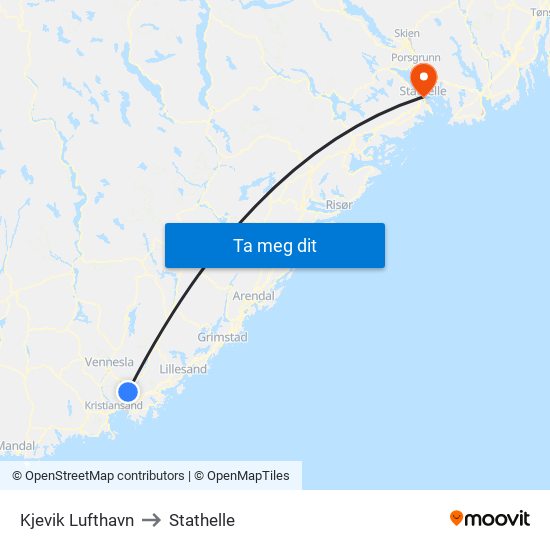 Kjevik Lufthavn to Stathelle map