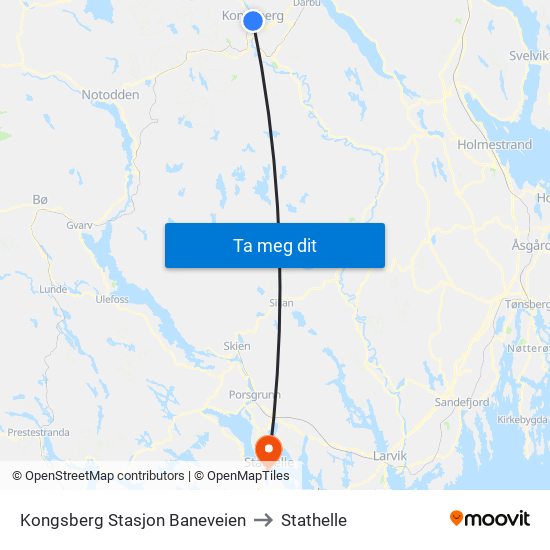 Kongsberg Stasjon Baneveien to Stathelle map