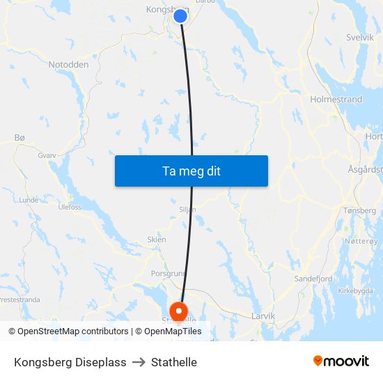 Kongsberg Diseplass to Stathelle map