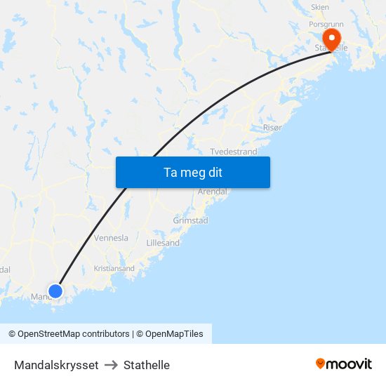 Mandalskrysset to Stathelle map