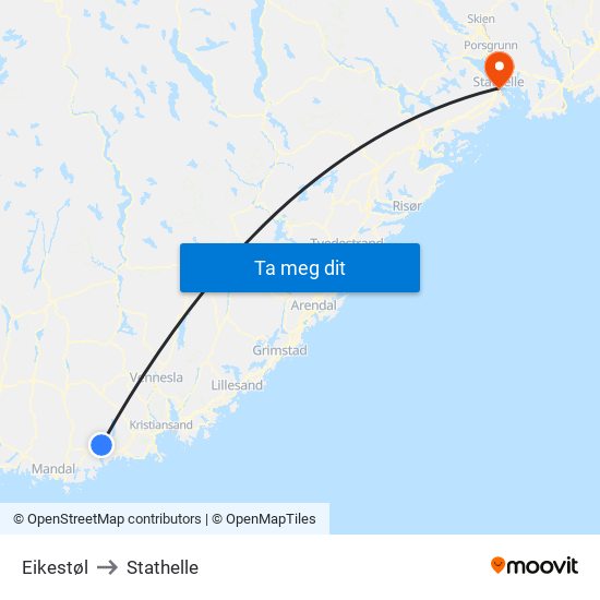 Eikestøl to Stathelle map