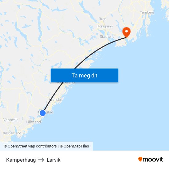 Kamperhaug to Larvik map