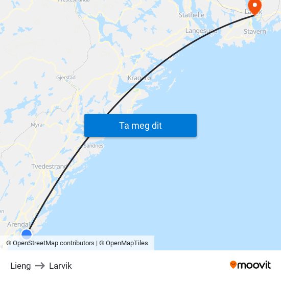 Lieng to Larvik map